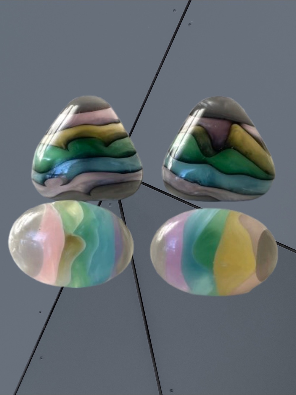 2 x vintage colorful abstract striped resin/acrylic triangular & ovular earrings